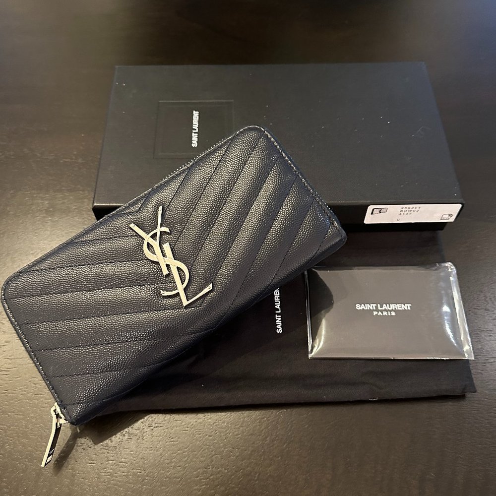 Saint Laurent YSL Monogram Continental Zip-Around Wallet Marine Navy